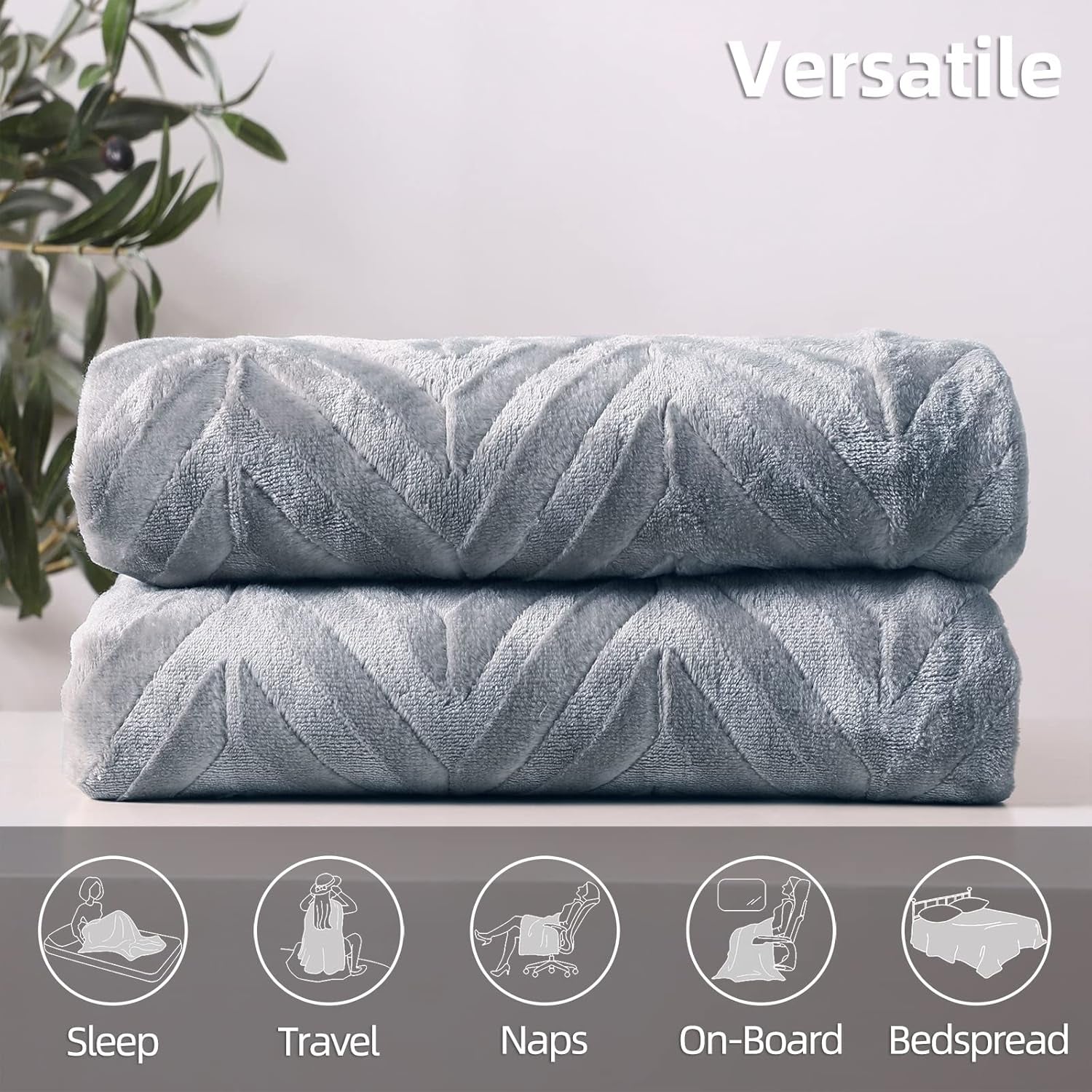 Flannel Fleece King Size Bed Blanket, Lightweight Breathable Soft Bedspread Plush Fluffy Coverlet Chevron Design Decorative Blanket for All Season, 90X104 Inch, Silver Grey
