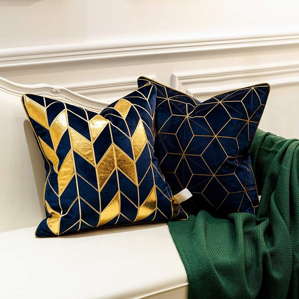 20 X 20 Inches Navy Blue Gold Plaid Cushion Case Luxury European Throw Pillow Cover Decorative Pillow for Couch Living Room Bedroom Car