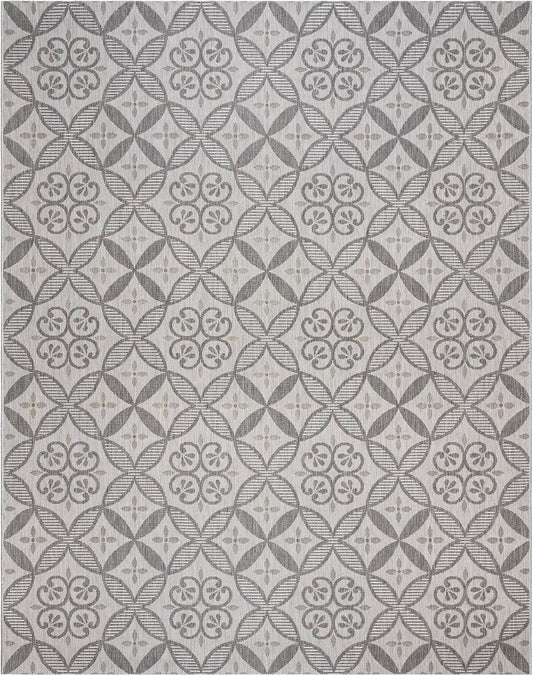 Indoor/Outdoor Flatweave Area Rug - 8X10 Large, Stain & UV Resistant, Ideal for Deck, Patio, Poolside, Mudroom - Niala Floral Ash, Steel, 25445